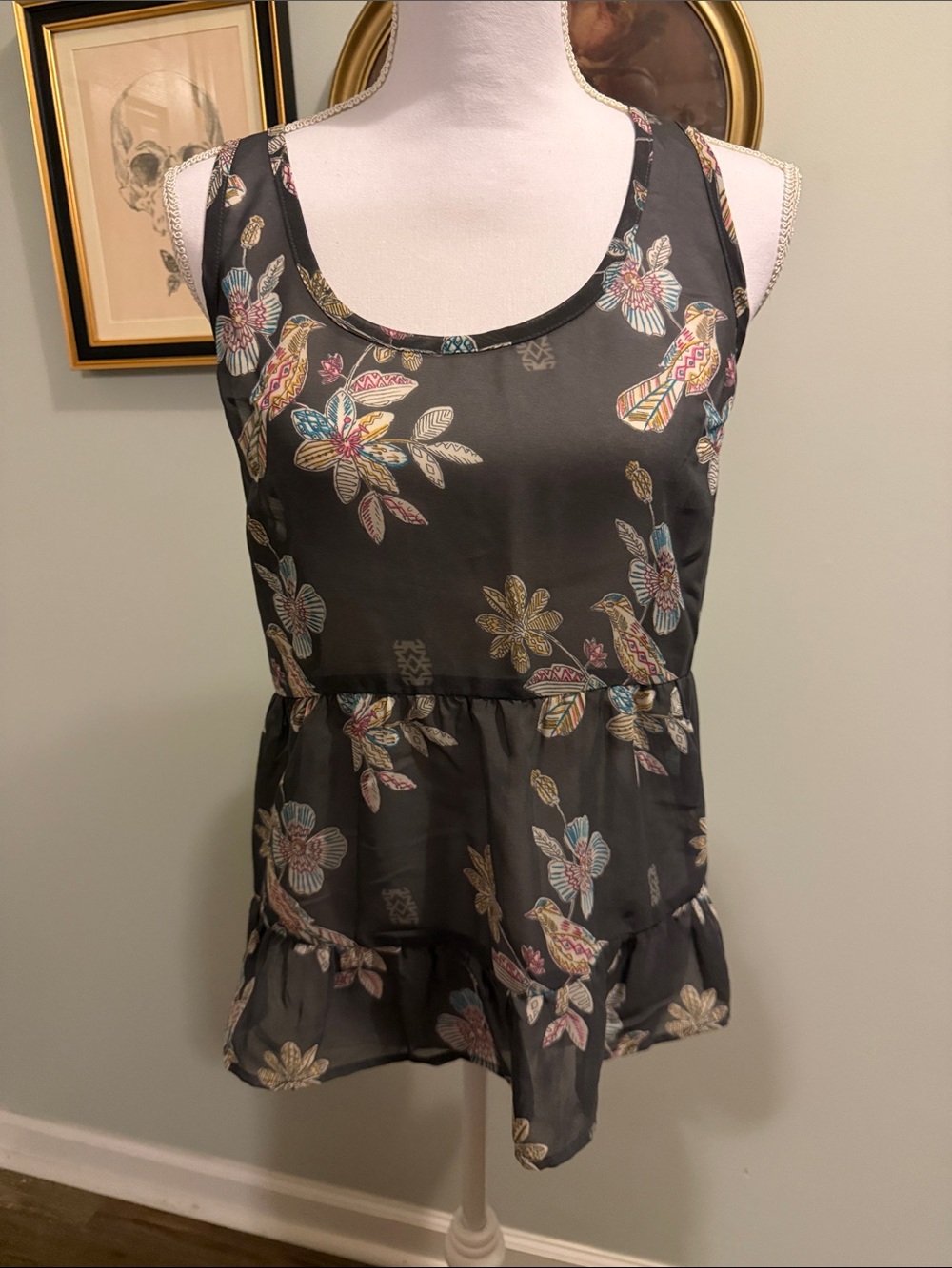 Mossimo Supply Co. Black Floral & Bird Tiered Sleeveless Tank
